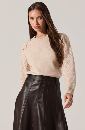 A woman is wearing a light beige knit sweater with diamond-shaped textured patterns on the sleeves and shoulders. She pairs it with a high-waisted, dark brown leather skirt that features visible stitching details.