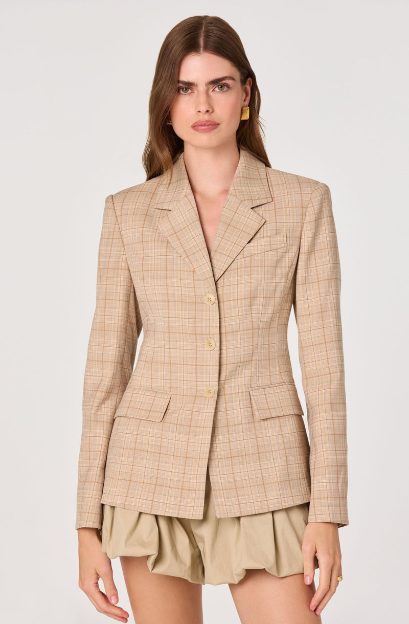 Beige plaid checked blazer with notch lapels, button closure, and flap pockets.