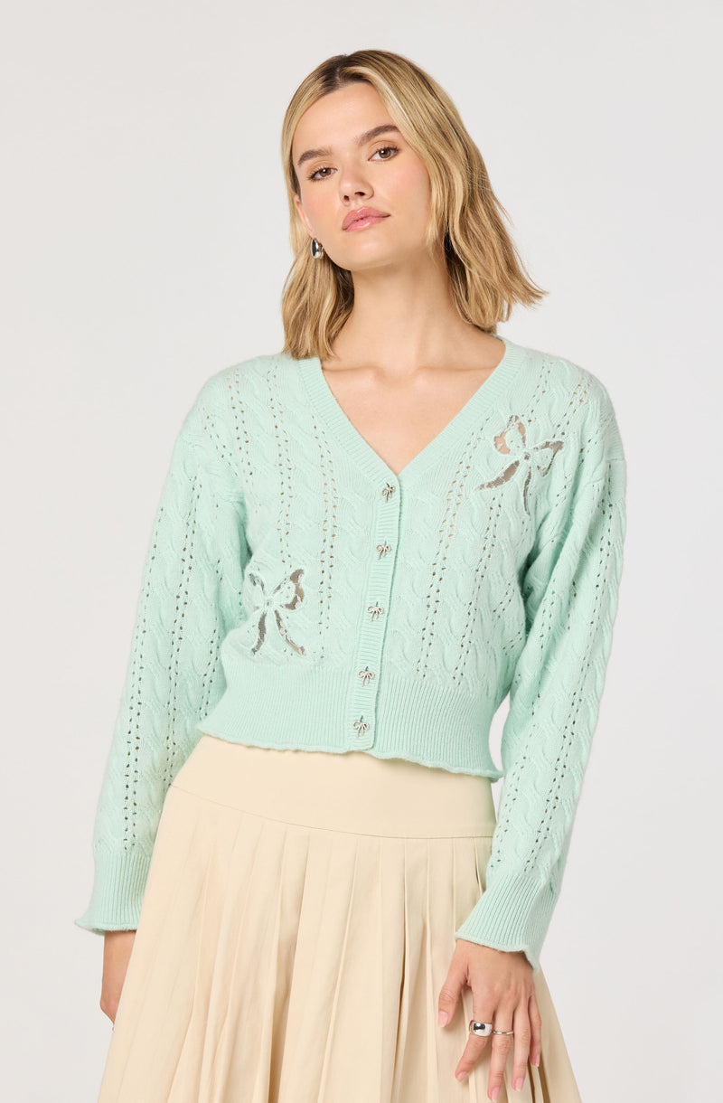 A woman is wearing a light mint green, knit, button-up cardigan with a V-neck. The cardigan features a delicate open-knit pattern with small holes, floral embroidery with butterfly motifs, and ribbed cuffs and hem. She has paired the cardigan with a cream-colored, pleated skirt.