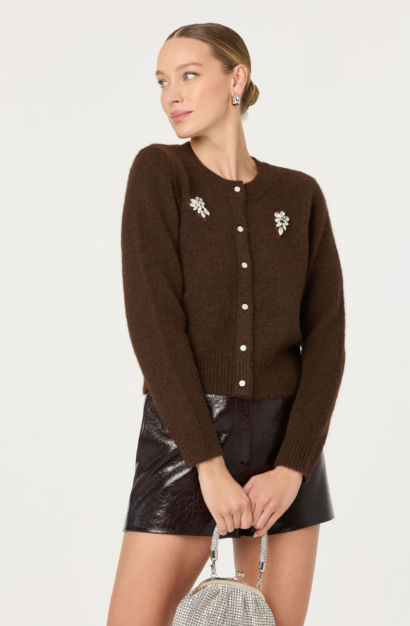 A woman is wearing a dark brown, long-sleeved, button-up knit cardigan with a round neckline, decorated with small floral pins on each side of the chest. She is also wearing a shiny black leather mini skirt and holding a silver, bejeweled, round handbag with a short handle.