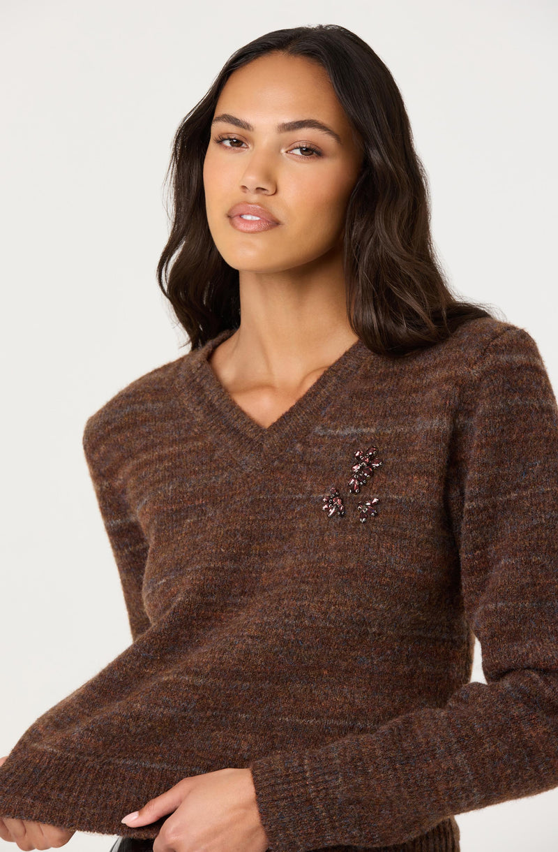A woman is wearing a brown, multi-colored knit sweater with a V-neckline. The sweater features a small floral embellishment with pink and silver details on the left side of the chest.