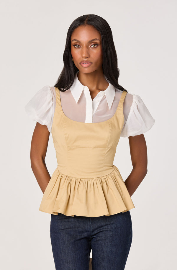 トップス SATIN COMBINATION PEPLUM TANK TOP Colette Ivory Plunge Satin Peplum Top | 12th Tribe
