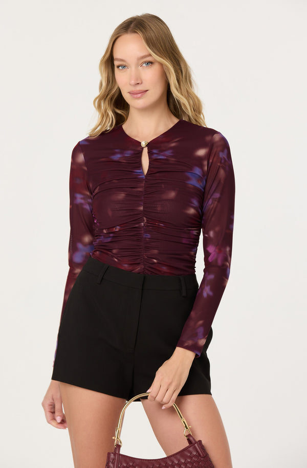 Yasmine Floral Mesh Ruched Top - ASTR the Label