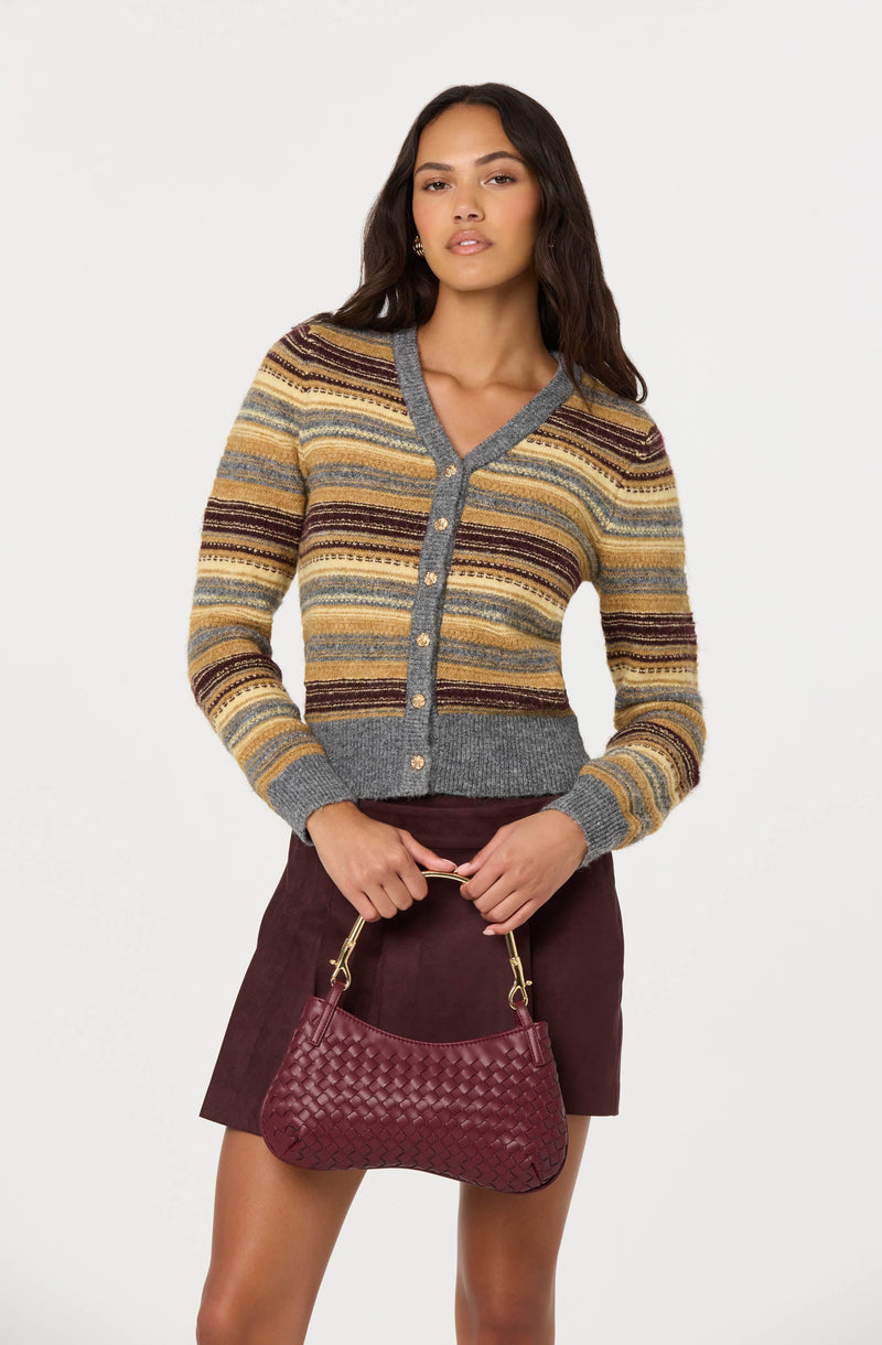 A woman is wearing a multicolored (yellow, brown, beige, blue, and gray) striped knit cardigan with a V-neckline, long sleeves, and buttons down the front. She is also wearing a burgundy skirt and holding a burgundy woven handbag with a gold handle.