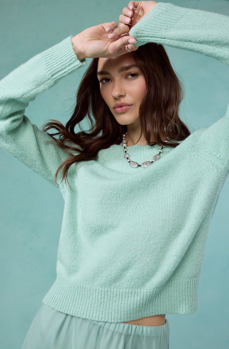 A woman with long, wavy brown hair wearing a light mint green knit sweater with long sleeves. She has a silver bead necklace with large oval links. The background is a matching light mint green color.