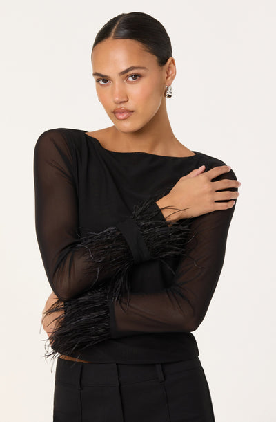 Brisa Mesh Feather Trim Top