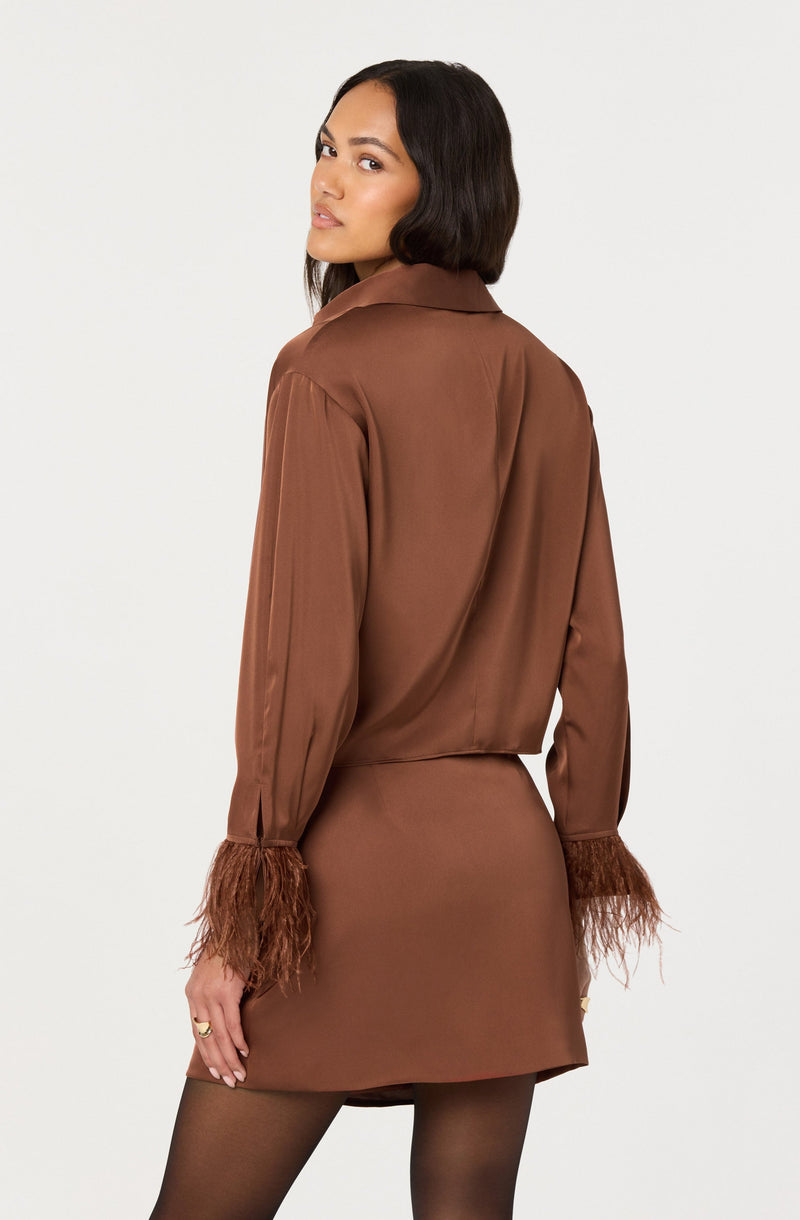 A woman is wearing a brown satin blouse with long sleeves that have feathered cuffs, and a matching brown satin mini skirt. The outfit appears elegant and stylish, suitable for a dressy occasion.