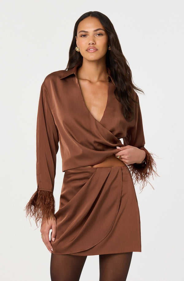 brown dress with feather trim Aqua Womens Sequin Ostrich Feather Cocktail And Party Dress Brown 0