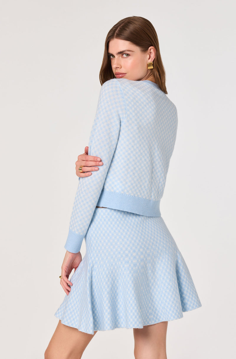 Light blue and white checkered sweater and matching skirt.