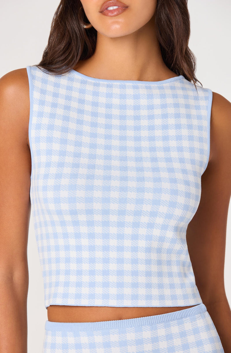 Woman wearing a sleeveless light blue and white checkered crop top.