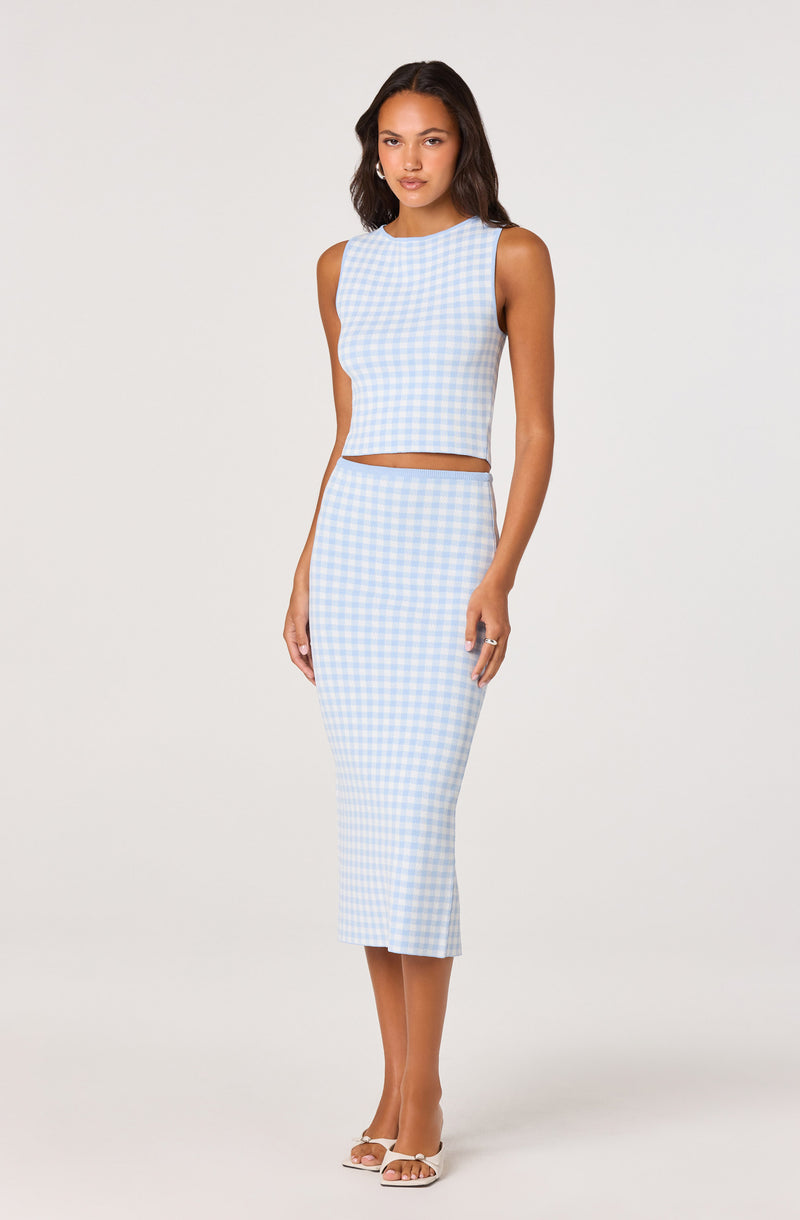Blue and white checked sleeveless crop top and matching high-waisted midi skirt.