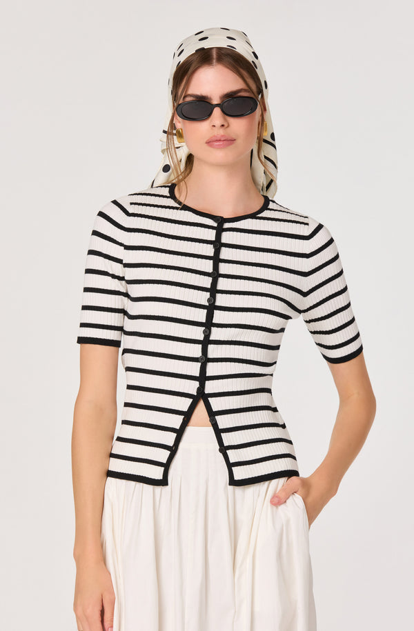 Henrie Striped Ribbed Short-Sleeve Cardigan - ASTR the Label