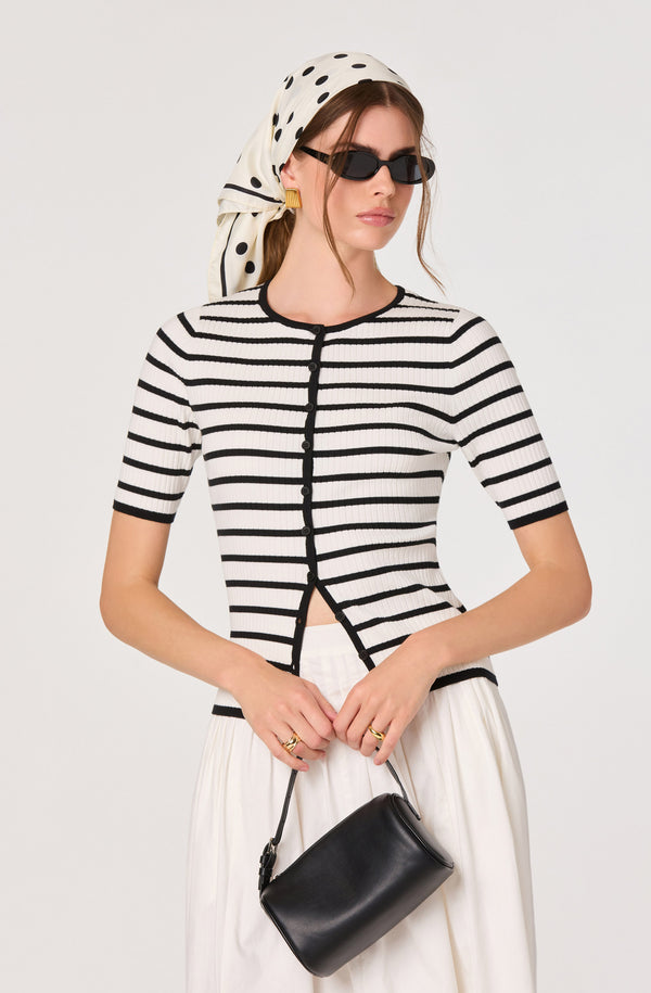 Henrie Striped Ribbed Short-Sleeve Cardigan Henrie Striped Ribbed Short-Sleeve Cardigan