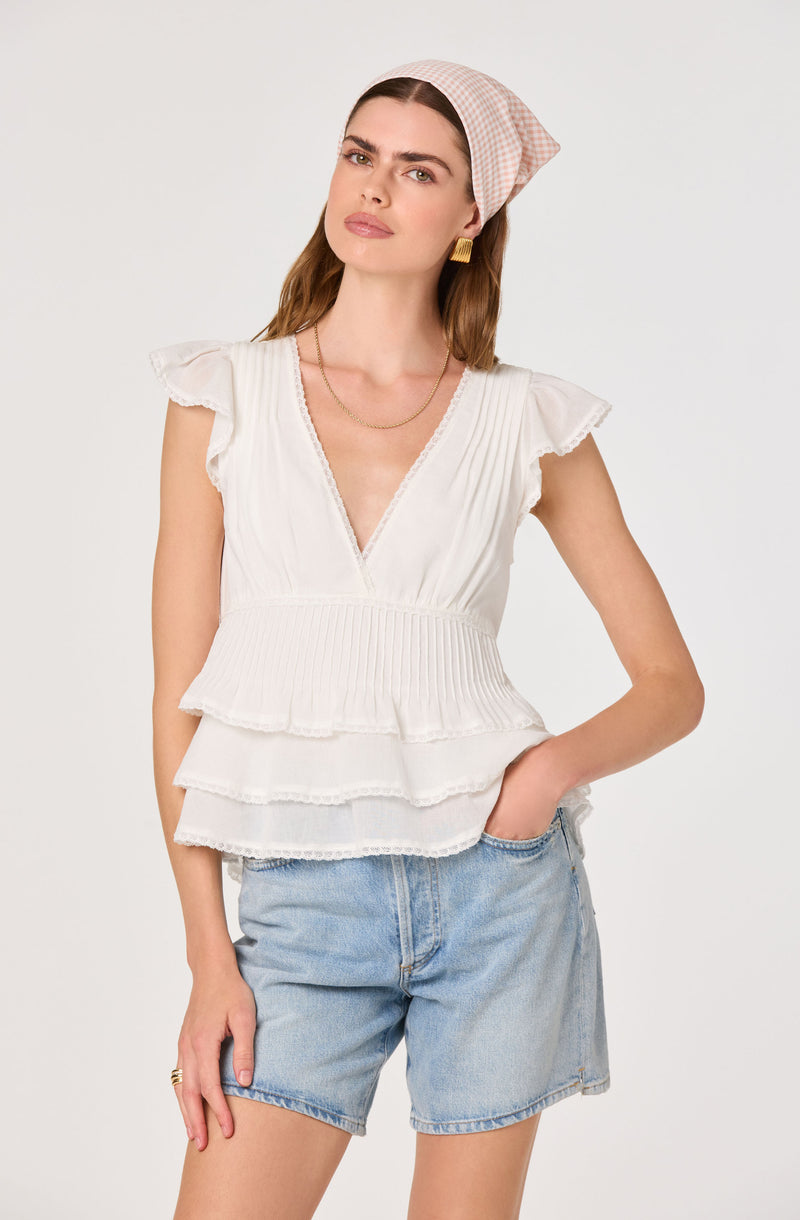 Woman wearing a white, layered, ruffled blouse with puffed sleeves.