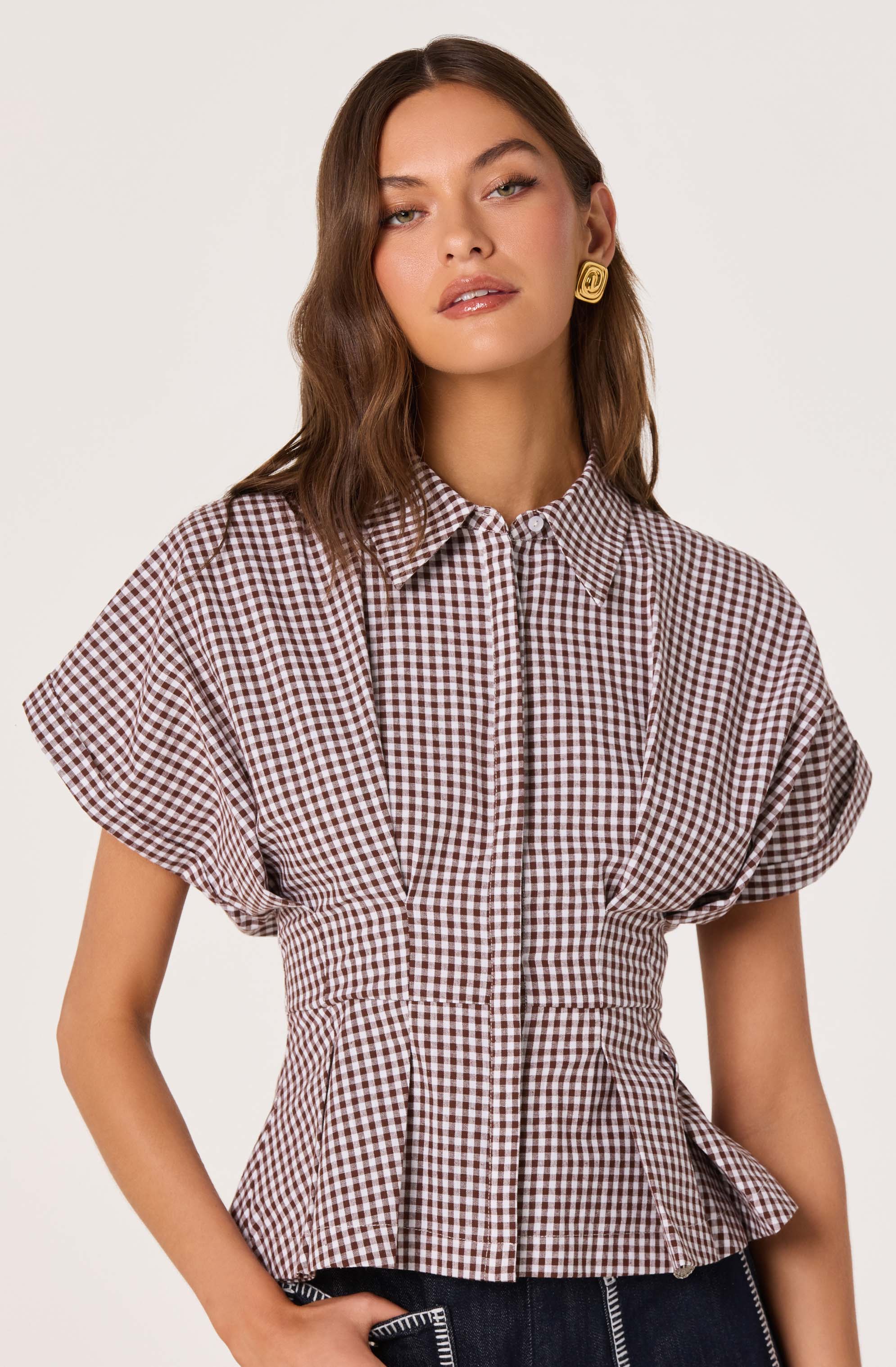 Gingham top with puffed short sleeves and a fitted waist.