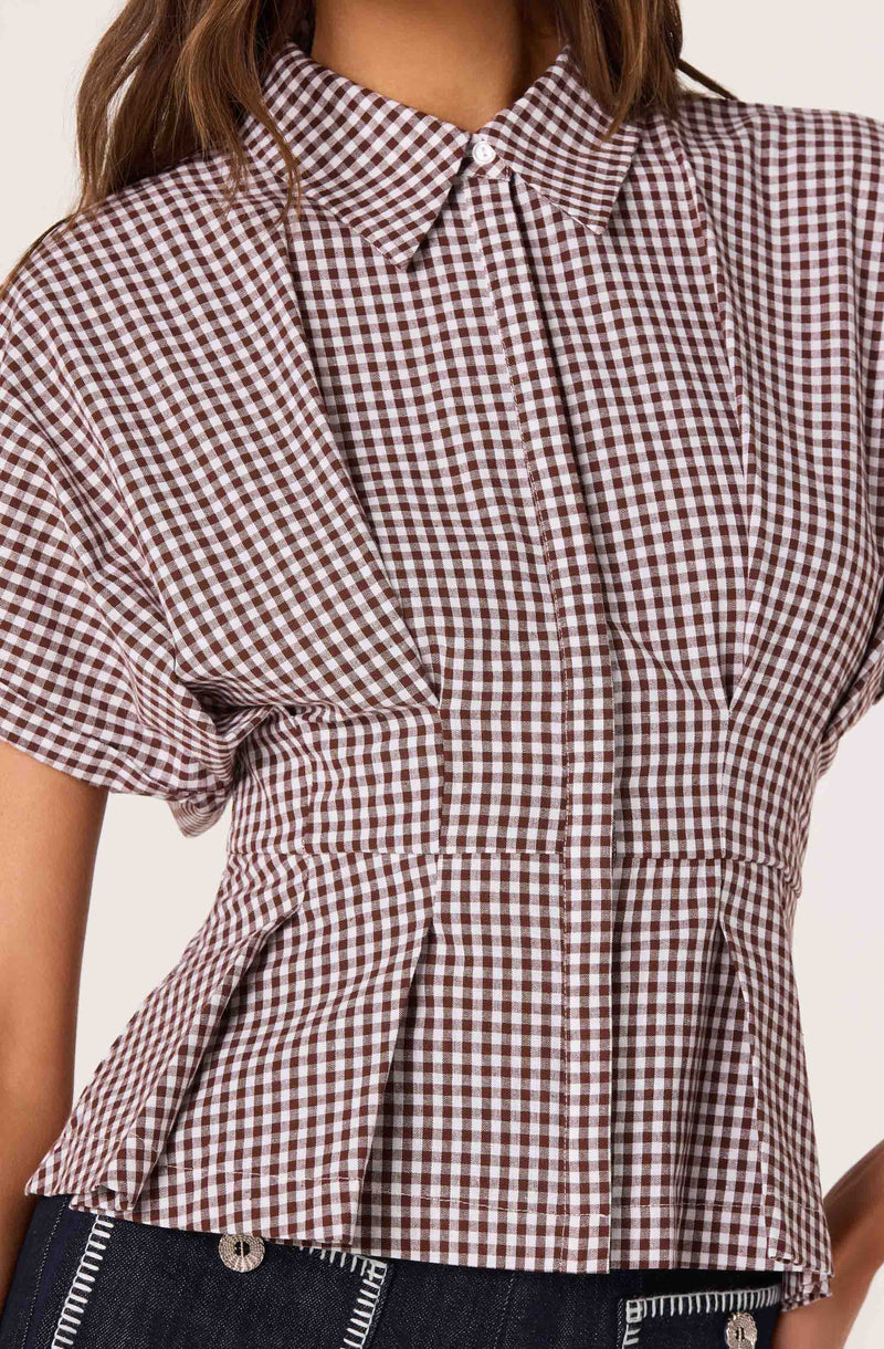 Brown and white gingham shirt with puffed sleeves and a peplum waist.