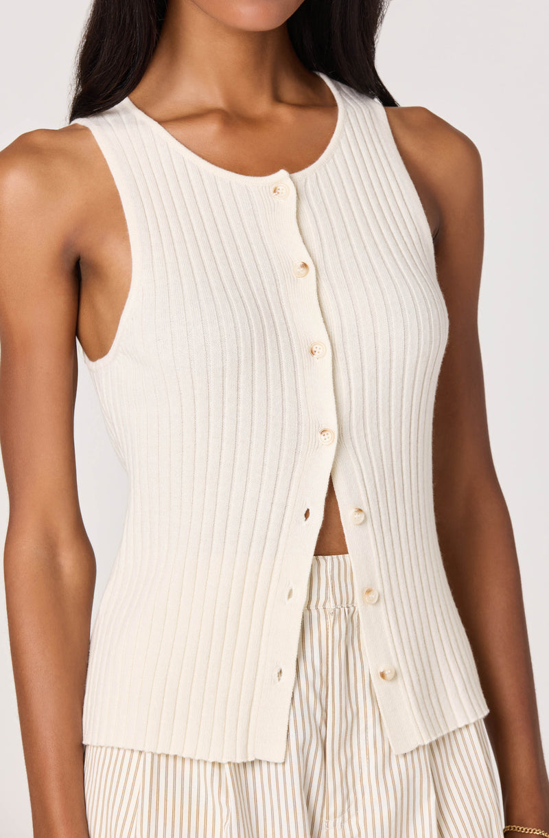 White sleeveless ribbed knit top with buttons.