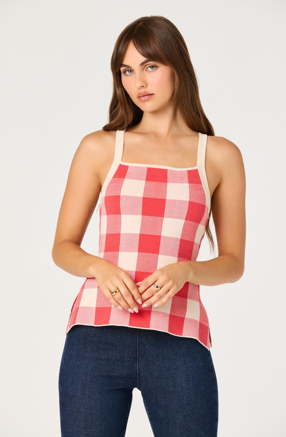 ASTR the Label Sue Check Square-Neck Top