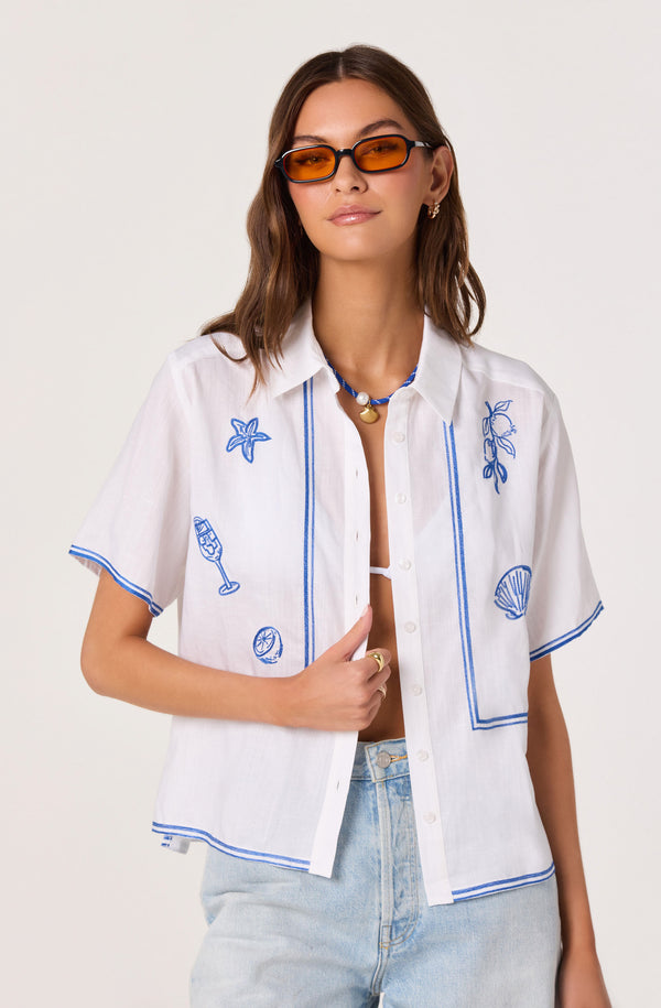 embroidered dress shirt Trace Embroidered Linen Button-Up Shirt