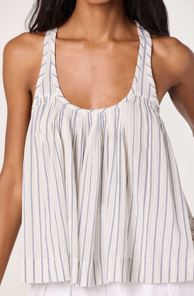 Striped sleeveless top with vertical blue and beige lines and pleated front.