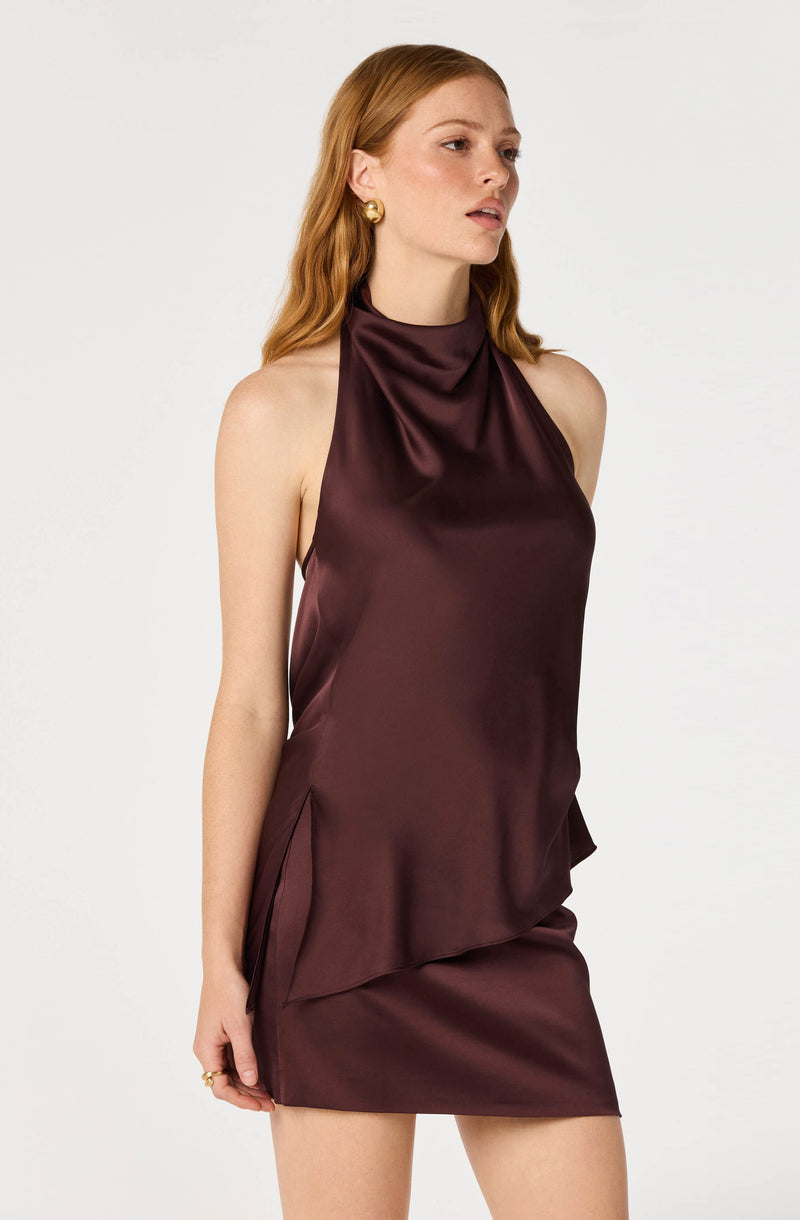 Woman wearing a dark burgundy satin sleeveless dress with a high neckline and side slit.