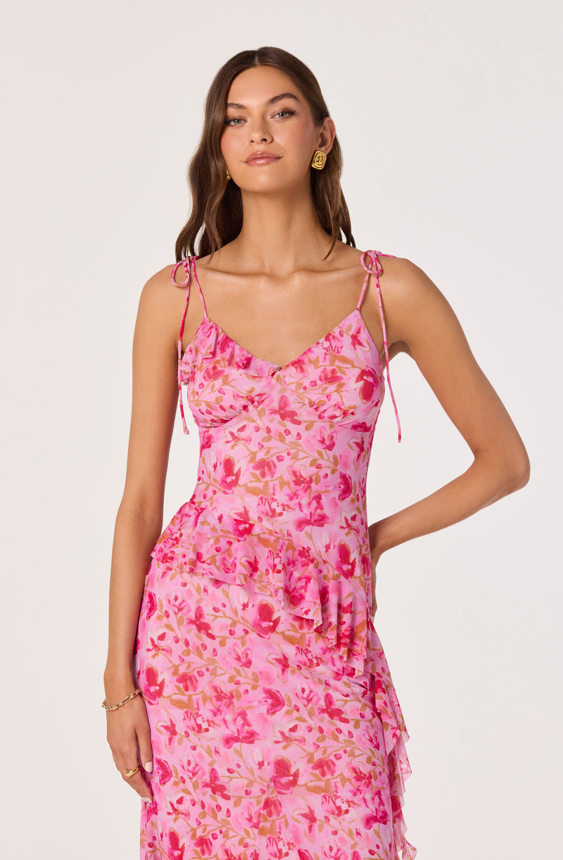 Pink floral sleeveless dress with tie-straps and ruffled hem.