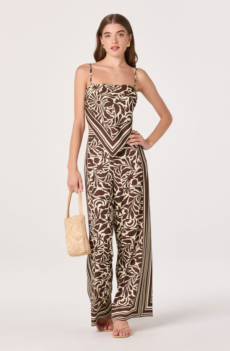Matching brown and beige patterned sleeveless top and wide-leg pants with a geometric design.