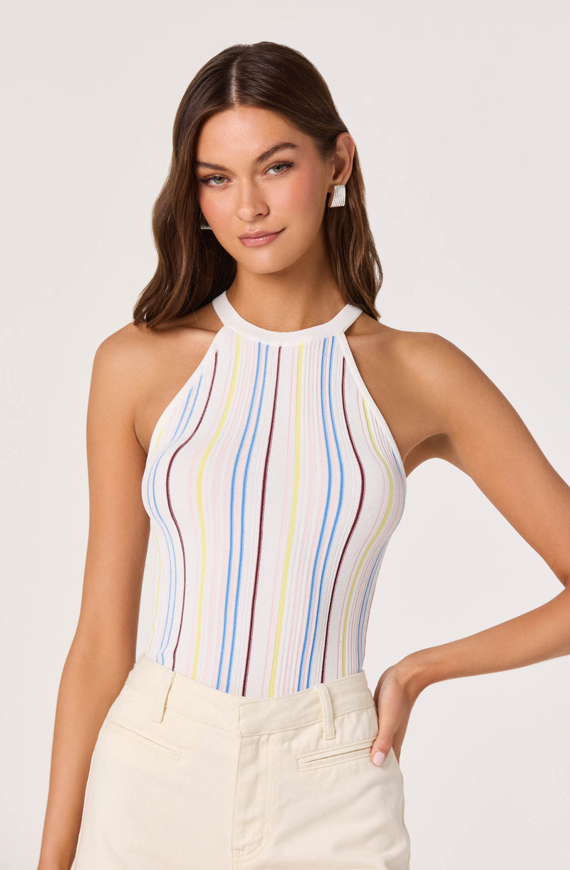 Sleeveless top with multicolored vertical stripes, high neckline.