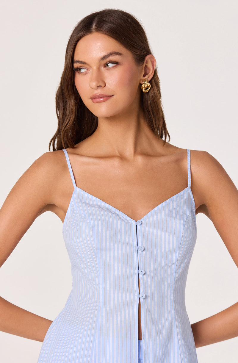 Light blue and white striped sundress with thin spaghetti straps and buttons down the front.