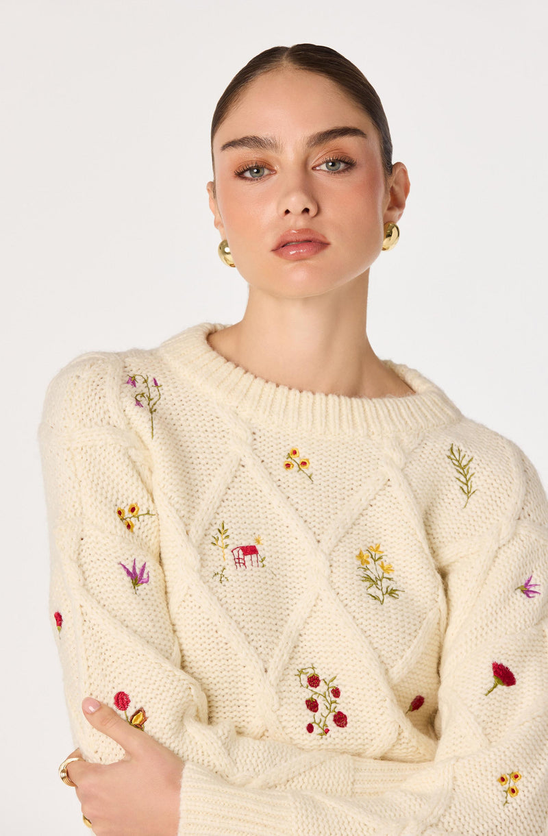 Cream sweater with colorful embroidered floral patterns and textured diamond knit design.