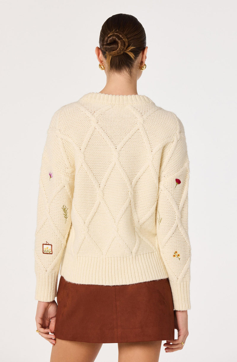Cream knit sweater with diamond pattern and colorful embroidered patches on sleeves, paired with a brown skirt.