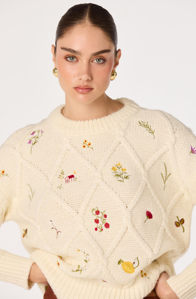 Cream sweater with embroidered floral and fruit patterns and diamond knit design.
