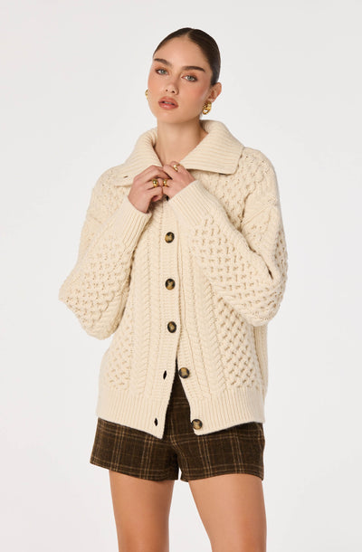 Crystelle Cable Knit Funnel Collar Cardigan