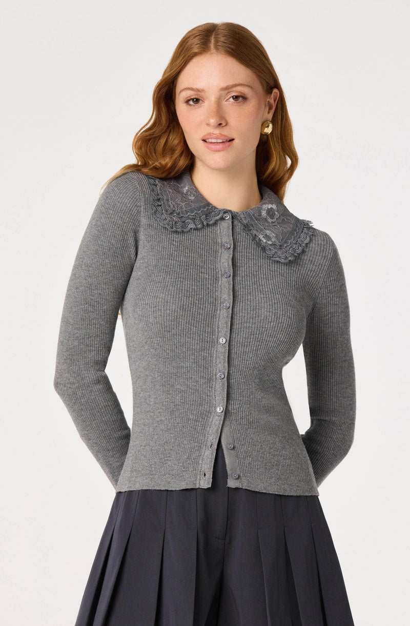 Gray cardigan with a lace Peter Pan collar, button front, and long sleeves.