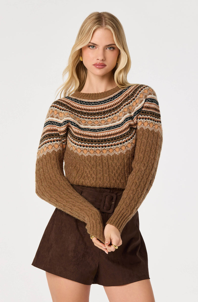 Woman wearing a brown patterned sweater and high-waisted brown shorts.