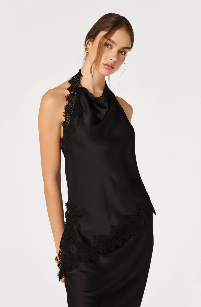Black satin sleeveless dress with lace trim on the shoulders and hem.