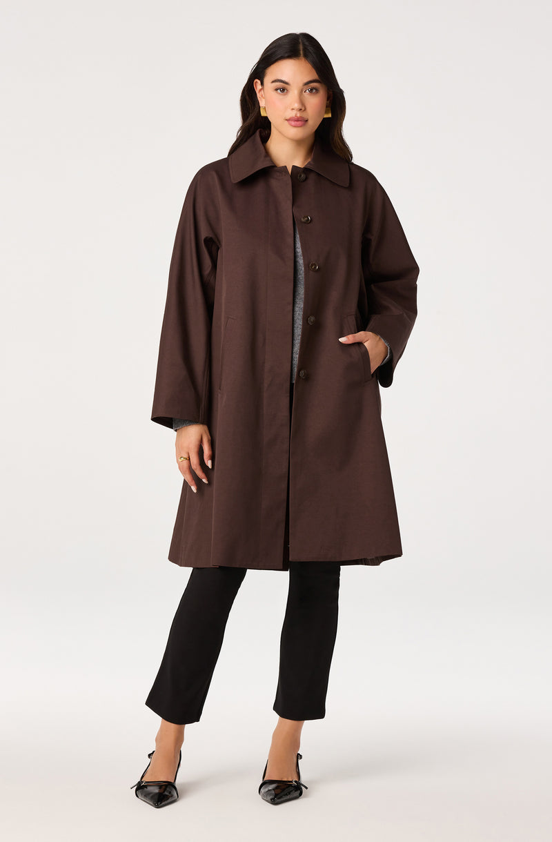 Woman wears a long brown coat with black pants and black heels.