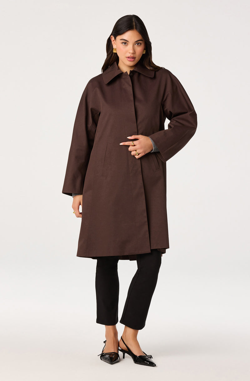 Woman wearing a brown knee-length coat with a collar, black cropped pants, and black heels.