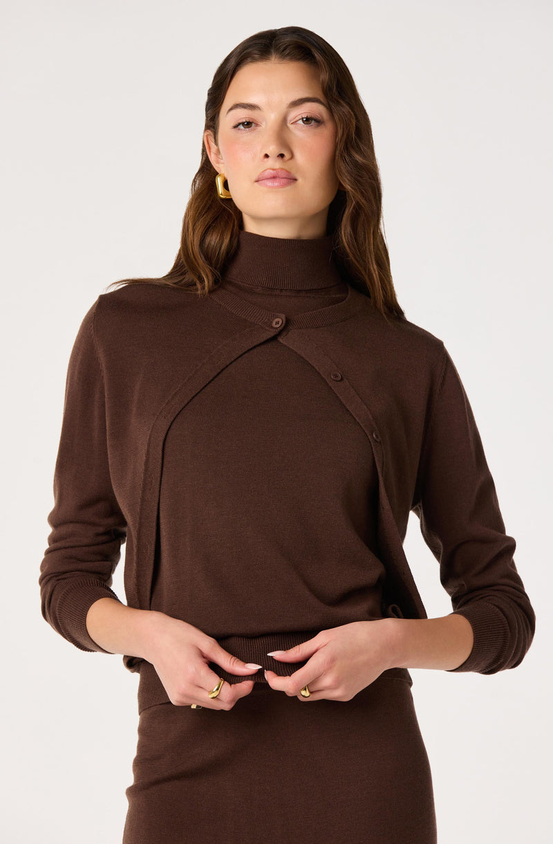 Woman in a brown turtleneck sweater with a matching skirt.