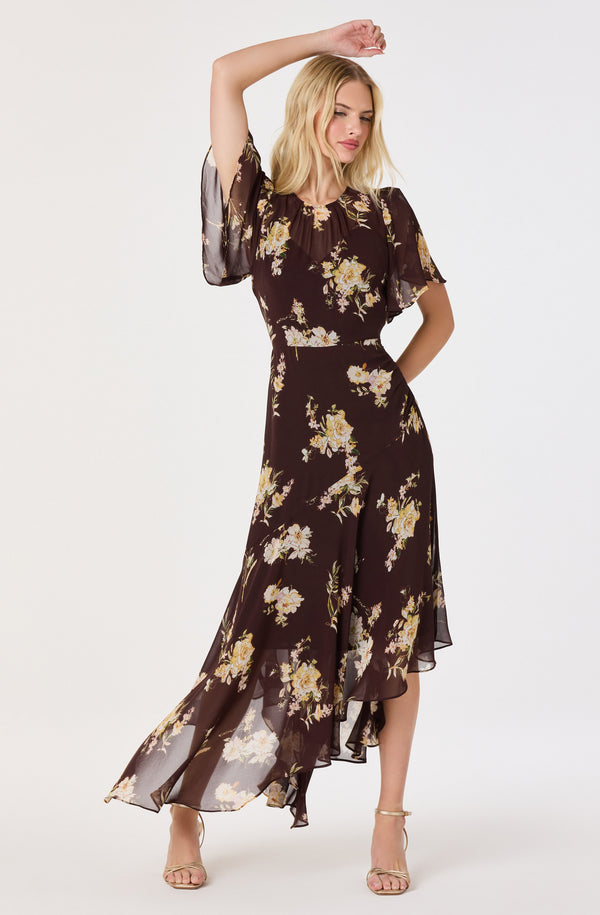 Aila Chiffon Flutter Sleeve Maxi Dress Brown Floral / L