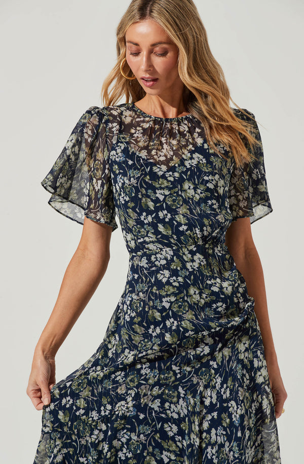 blue dress for baby girl Flutter Sleeve Floral Asymmetric Maxi Dress