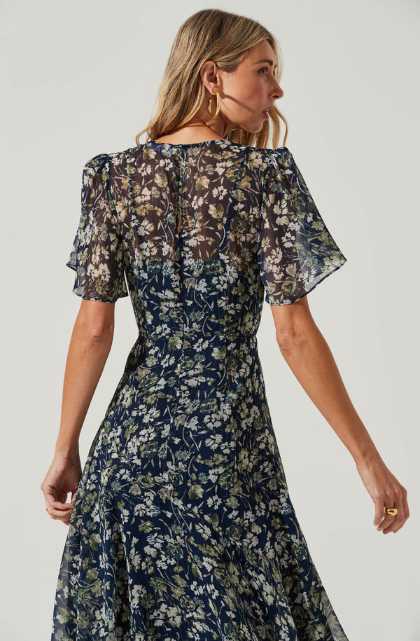 chinese dress ladies Flutter Sleeve Floral Asymmetric Maxi Dress