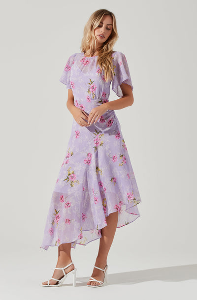 Flutter Sleeve Asymmetrical Floral Maxi Dress