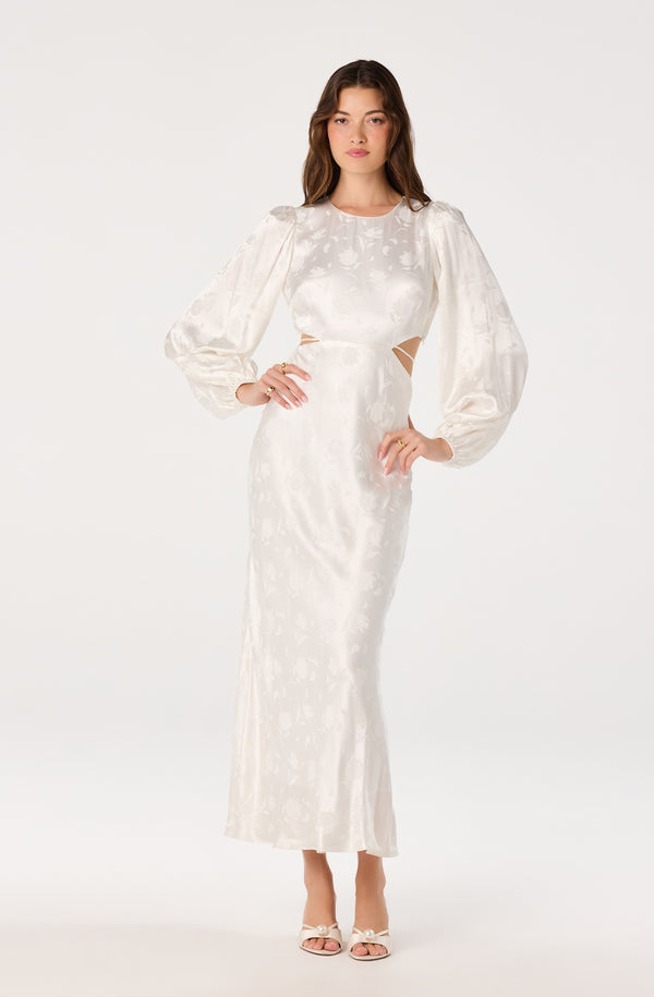 jacquard satin dress ASTR the Label | Quinn Floral Jacquard Maxi Dress in White
