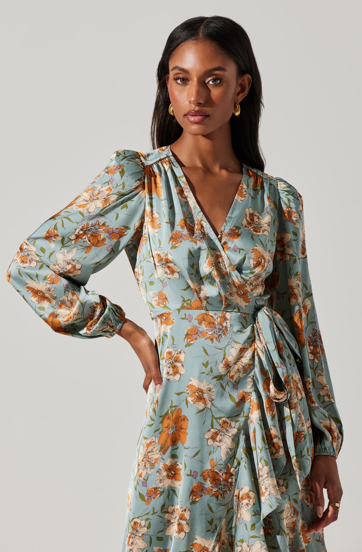 Floral Satin Wrap Long Sleeve Midi Dress – ASTR The Label
