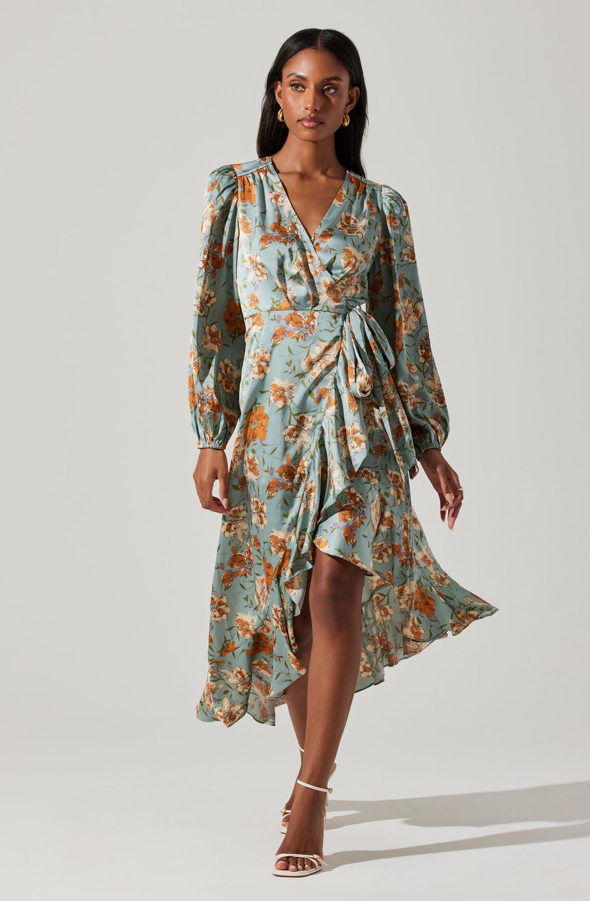 Floral Satin Wrap Long Sleeve Midi Dress – ASTR The Label
