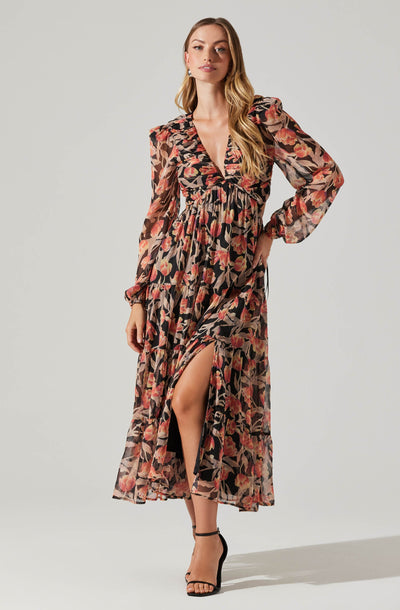 Floral Lace Back Long Sleeve Maxi Dress