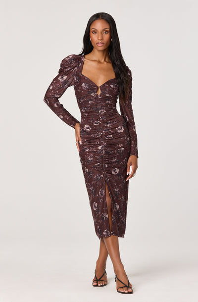 Ruched Mesh Midi Dress