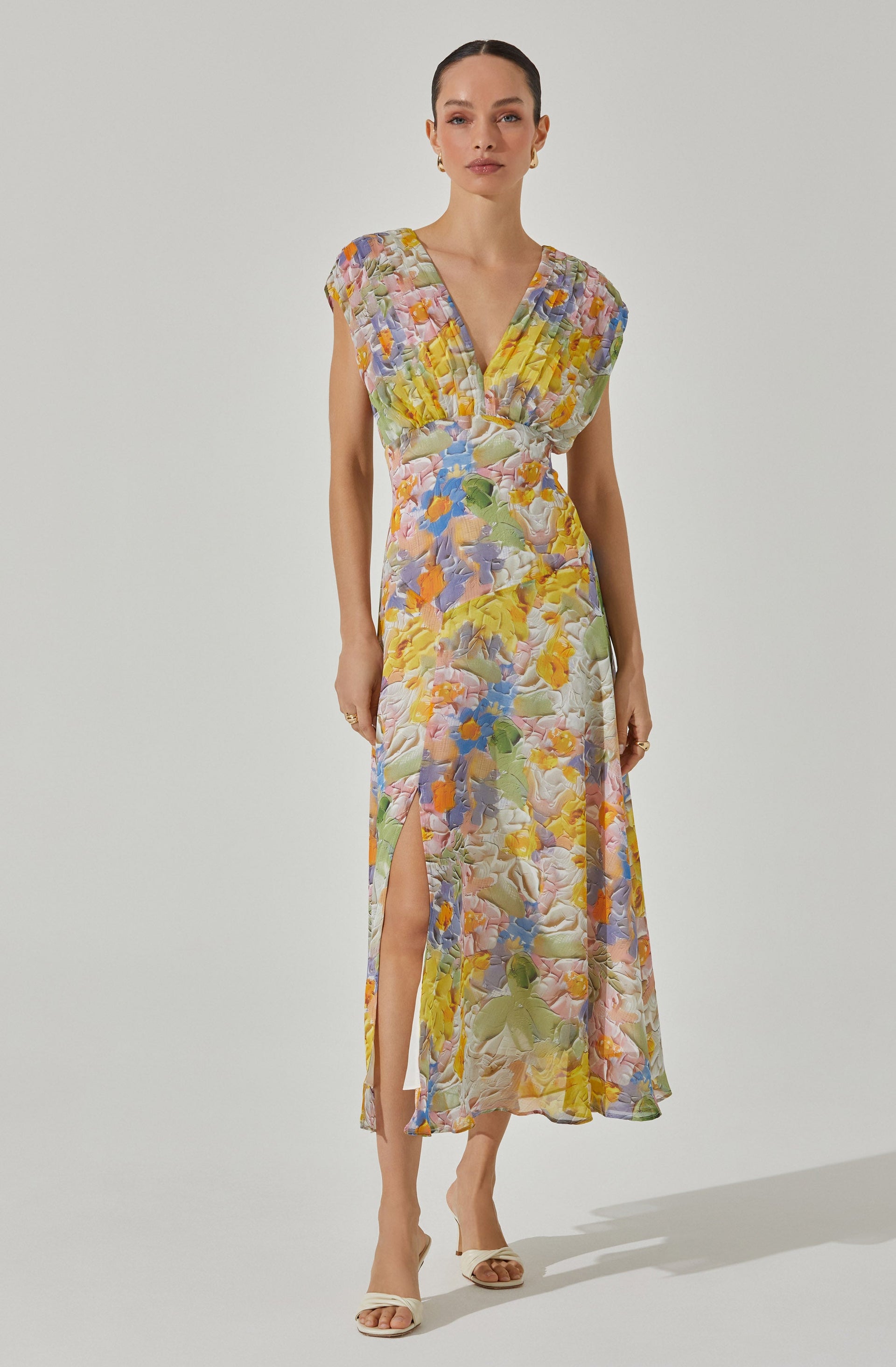 knee length dresses for ladies V-Neck Pleated Floral Midi Dress