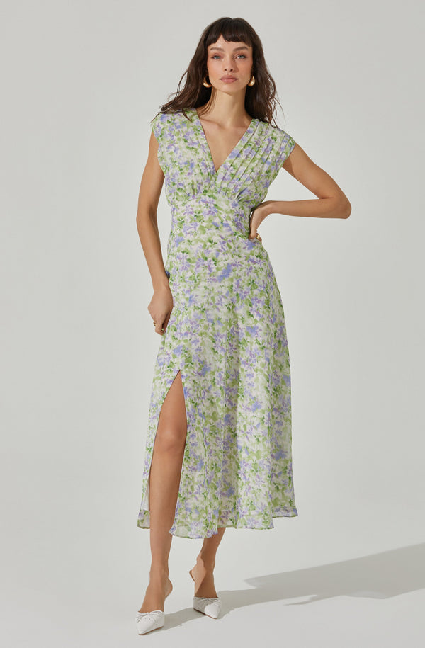 V-Neck Pleated Floral Midi Dress - ASTR the Label V-Neck Pleated Floral Midi Dress - ASTR the Label